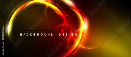 Abstract neon lights form circular shapes. Vibrant red, orange, yellow glow against dark backdrop. Modern design element.