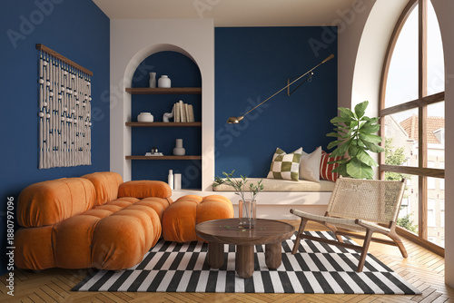 Mid century style conceptual dopamine interior room 3d illustration