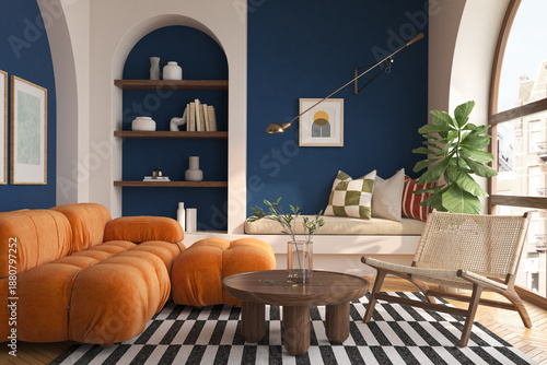 Mid century style conceptual dopamine interior room 3d illustration