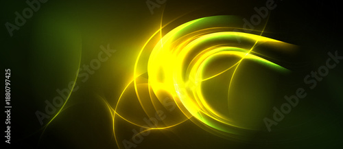 Abstract yellow swirls, luminous curves, dark background. Energetic design, vibrant glow, modern aesthetic. Smooth gradients, flowing lines.