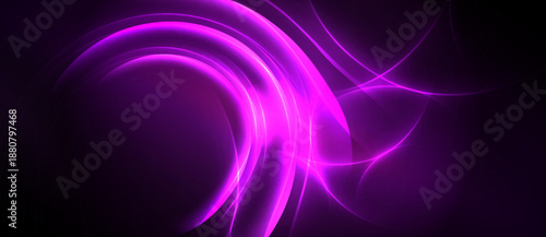 Abstract purple light curves flow across dark background. Bright energy radiates, creating dynamic visual effect. Smooth lines suggest movement.