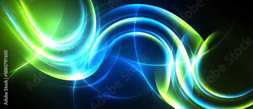 Abstract flowing lines, vibrant blues, greens create dynamic energy. Light radiates, forming curves against dark backdrop.