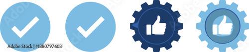 Approval and like icons set with checkmarks thumbs up and gear badges representing validation feedback quality vector illustration