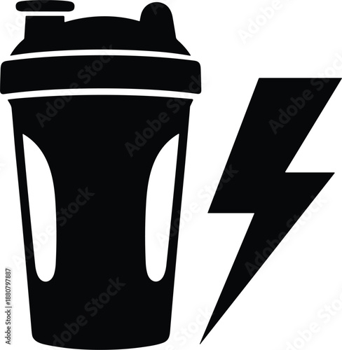 Energy drink shaker bottle with lightning bolt icon representing power fitness workout hydration performance vector illustration