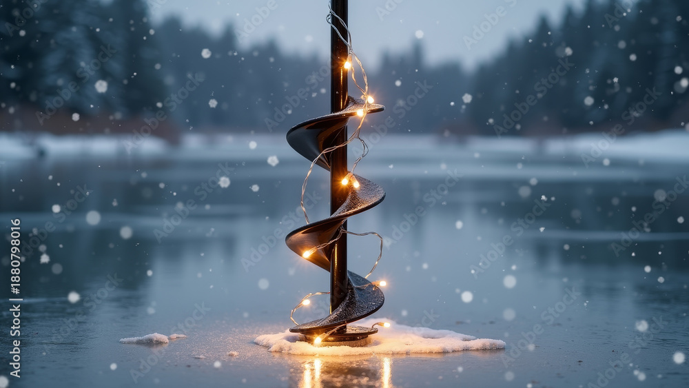 Obraz premium Festive Ice Fishing Auger Drill on Frozen Lake with Winter Lights