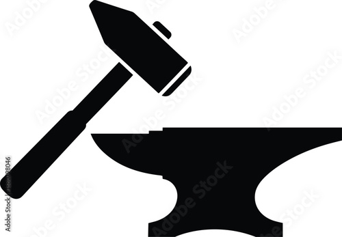 Hammer and anvil icon representing blacksmith metalwork forging craftsmanship industry tool strength minimal black vector illustration