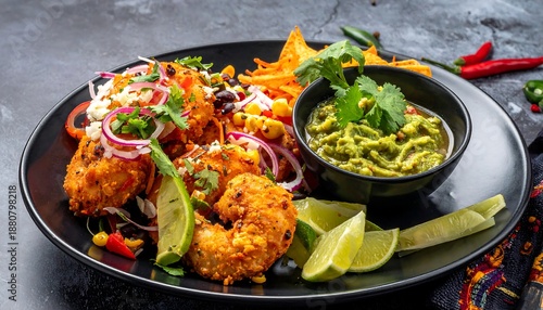 A plated meal of seasoned fried shrimp, guacamole, tortilla chips, and toppings, with lime wedges on the side