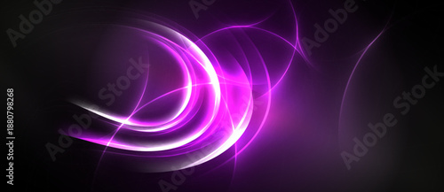 Abstract purple light curves flow across dark background. Bright energy radiates, creating dynamic visual effect. Smooth gradients present.