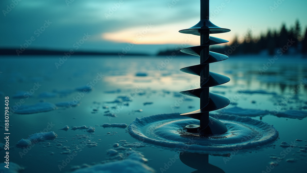 Obraz premium Moody Ice Fishing Auger Drill on Turquoise Ice at Twilight