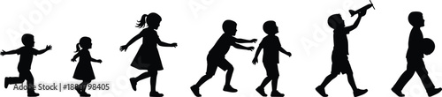 Children growth stages silhouettes showing kids development progression from toddler to child isolated on white background vector illustration
