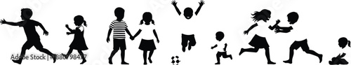 Children playing together silhouettes set showing joyful kids running jumping holding hands isolated on white background minimal flat vector illustration