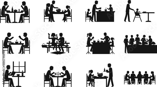 Family dining silhouettes set showing parents and children eating together at home kitchen tables isolated on white background