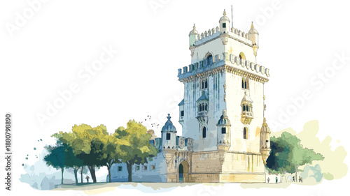 Belem Tower. Belem Tower watercolor vector illustration
