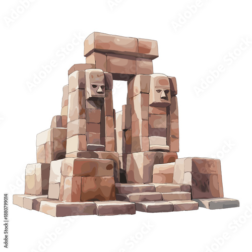 Tiwanaku Archaeological Site. Tiwanaku Archaeological Site hand drawn watercolor illustration