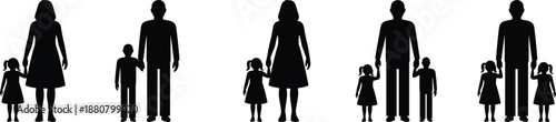 Family silhouettes collection showing parents and children standing together representing modern family structure love care and togetherness isolated on white background