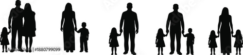 Family silhouettes set showing parents and children standing together holding hands representing love unity and togetherness isolated on white background