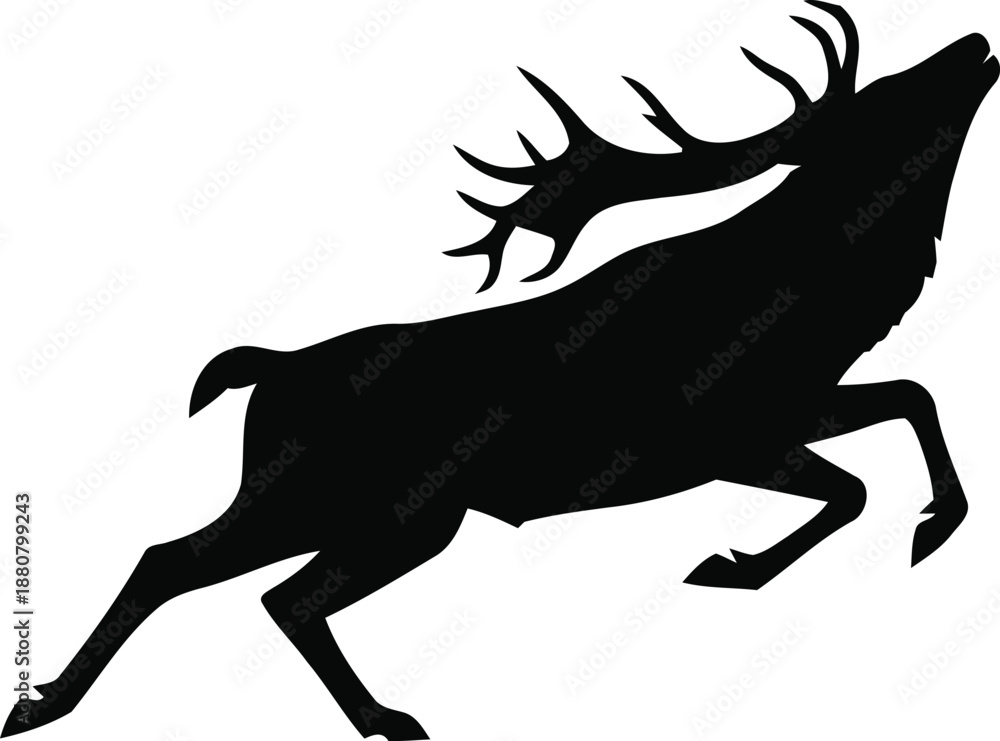 Fototapeta premium Silhouette of a majestic stag leaping with antlers raised against a white background