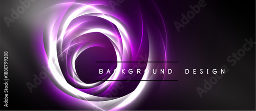 Abstract purple swirls create dynamic energy. Dark background emphasizes bright, glowing circular design. Modern, elegant visual.