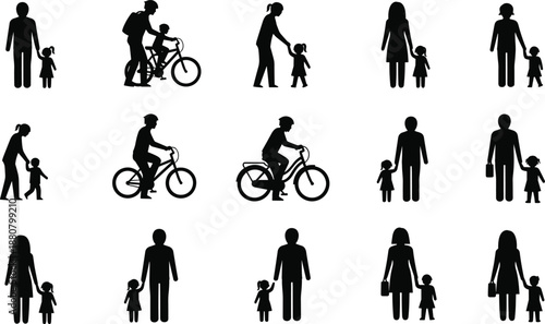 Family silhouettes set showing parents and children walking together and teaching kids to ride bicycles in everyday parenting activities isolated on white background