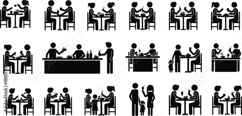 Family dining silhouettes set showing parents children and couples eating together at home and restaurants isolated on white background vector illustration