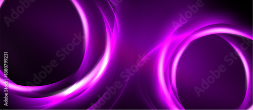 Abstract purple design features glowing circular shapes, smooth curves, dark background. Modern, vibrant, energetic composition.