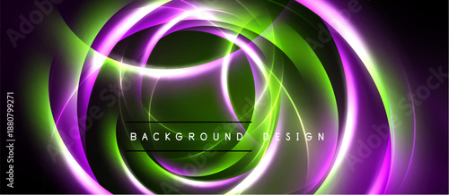 Abstract design features vibrant purple, green glowing circles. Dark background emphasizes luminous energy, modern aesthetic.