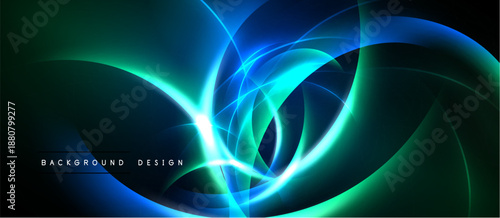 Abstract neon curves create dynamic flow. Bright blues, greens blend into dark background. Modern design evokes energy, movement.