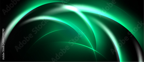 Abstract design features curved lines, vibrant green glow, dark background. Smooth gradients create dynamic visual effect.