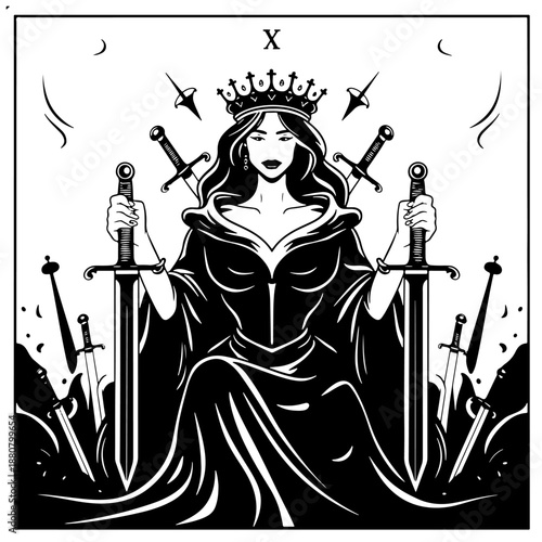Queen of Swords, Major Arcana tarot card. Vector silhouette black outline drawing