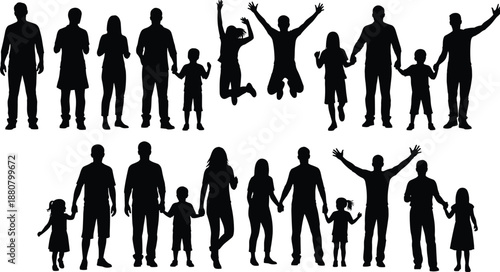 Happy family silhouettes showing parents and children standing together holding hands and jumping isolated on white background illustration