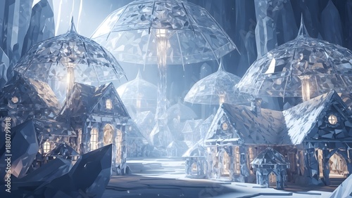 Enchanting fantasy ice village with glowing crystalline structures and domed buildings under a soft ethereal blue and white light creating a magical winter wonderland atmosphere