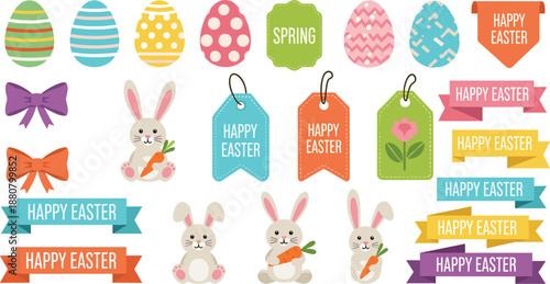 Colorful Easter decorations with eggs bunnies and spring tags
