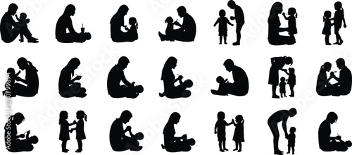 Mother father and child silhouettes set showing caring parenting activities family bonding moments isolated on white background black vector illustration