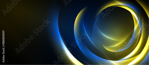 Abstract swirls, vibrant yellow, deep blue hues dominate. Dark background creates dramatic contrast, modern aesthetic. Light radiates, dynamic composition.