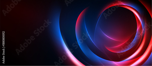 Abstract design features swirling neon lights. Red, blue hues dominate dark background. Dynamic composition creates futuristic feel.