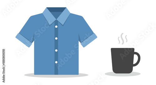 casual blue shirt and coffee mug flat design vector illustration representing morning routines daily wear and a relaxed lifestyle.