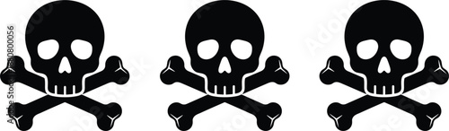 Skull and crossbones icons set representing danger warning poison hazard pirate symbol minimal black vector illustration