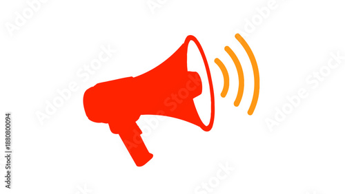 red megaphone icon with orange sound waves on white symbolizing public announcement urgent news and marketing communication.