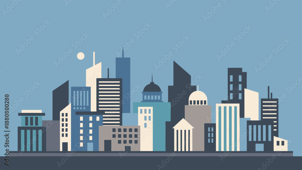 Obraz premium Modern city skyline with various buildings and skyscrapers under a blue sky, representing urban development and architecture.
