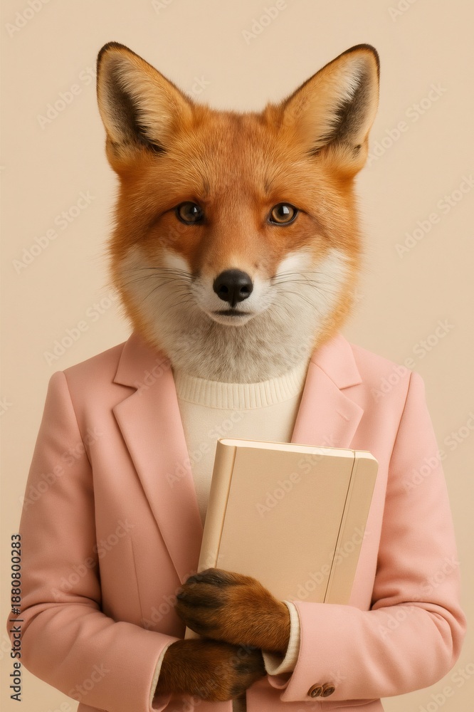 Fototapeta premium Fox head on a human body wearing a pink blazer and cream sweater, holding a beige notebook, representing smart business