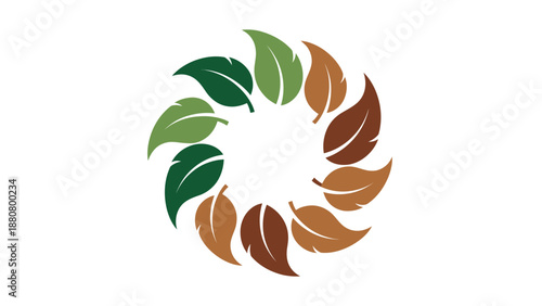 Abstract circular logo of green and brown leaves, symbolizing nature, cycles, and environmentalism, isolated white background.