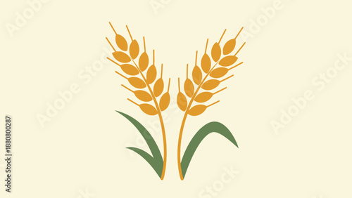 Golden wheat ears with green leaves on a light beige background, symbolizing harvest and natural grain.