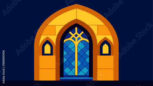 A vibrant yellow and blue stained glass door in a Gothic archway, set against a dark blue background.