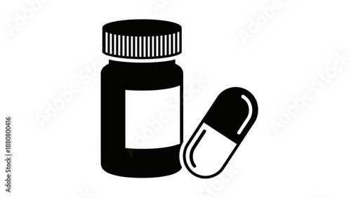 Black medicine bottle with label area and a single capsule, representing health care and prescription drugs on isolated white background.