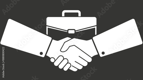 Two hands shaking with briefcase, symbolizing business agreement and partnership on dark background.