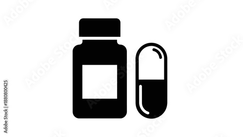 Black medicine bottle and single capsule, pharmaceutical and health product symbol on isolated white background.