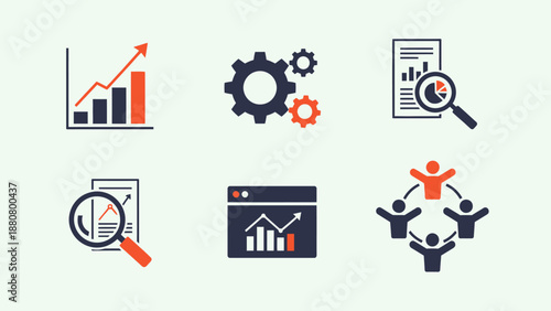 Business analytics and data management icons set, financial graph, settings, research, and team collaboration on light green background.