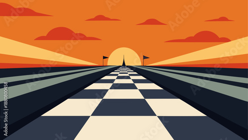 A vibrant vector graphic illustration of a checkered road leading to a sunset