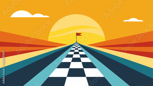 A vibrant vector graphic illustration of a checkered road leading to a flag at sunset