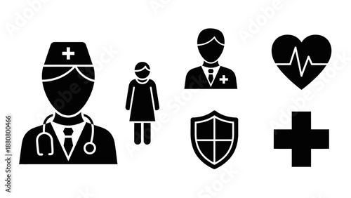 Set of medical personnel and health related black silhouette icons, including doctor, nurse, patient, and emergency care, isolated white background.